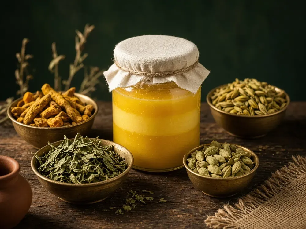 Dried botanicals in brass bowls around a jar of golden ghee (illustrative image)