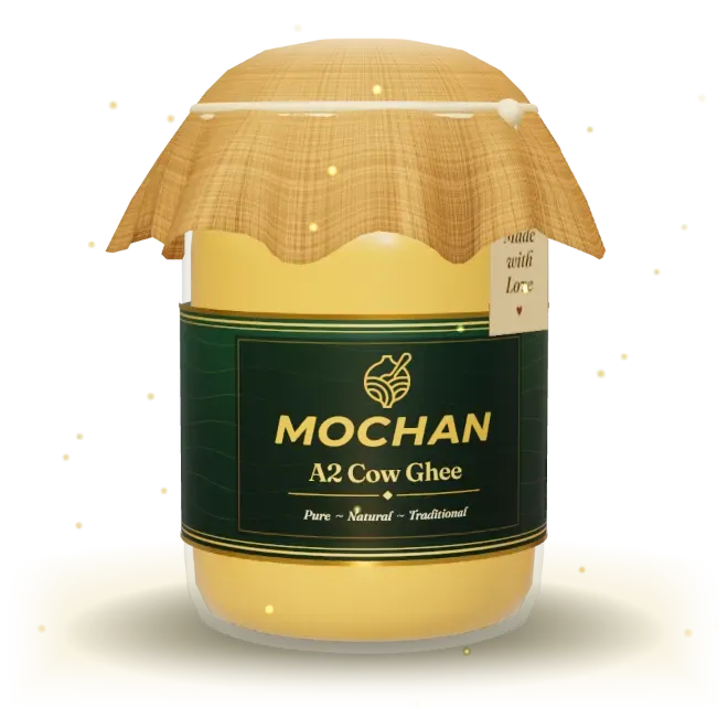 A jar of Mochan A2 Cow Ghee with a burlap lid, tied with twine, and a Made with Love tag