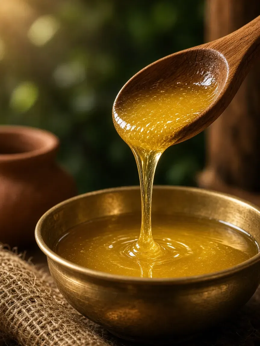 Golden ghee dripping from a wooden spoon (illustrative)