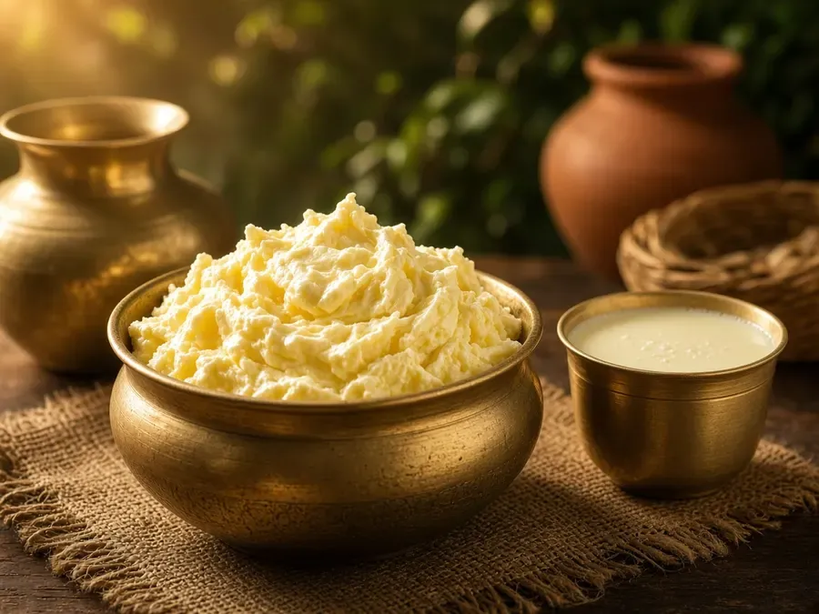 Fresh white butter in a brass bowl (illustrative)