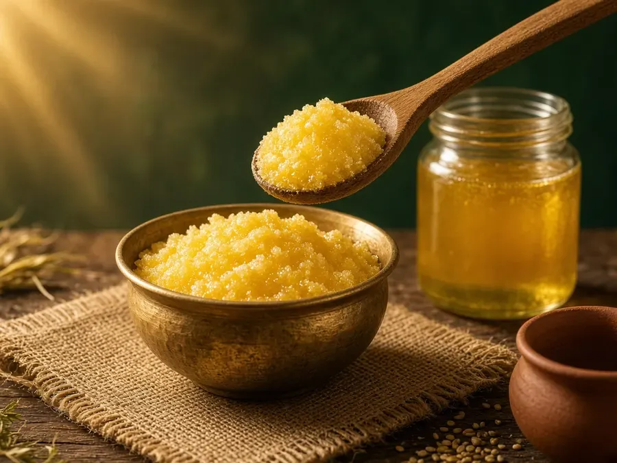 Granular golden ghee on a wooden spoon beside a glass jar (illustrative)
