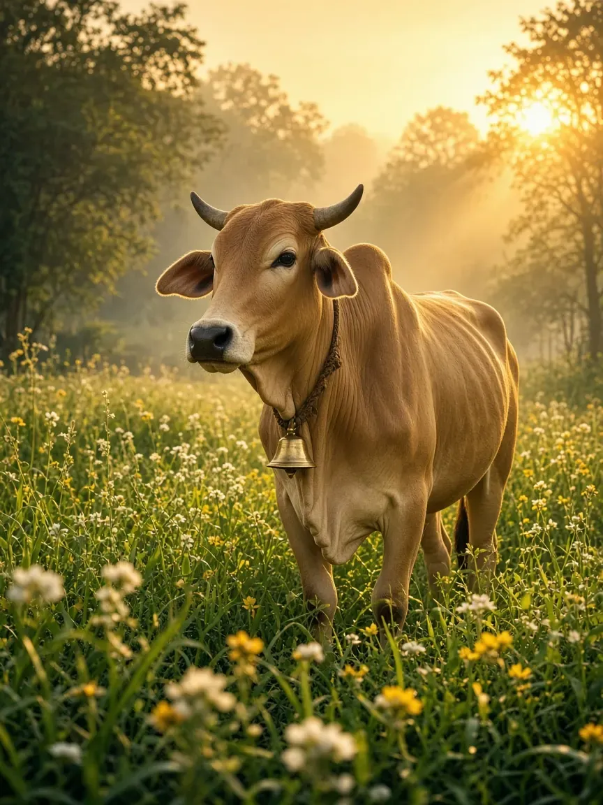 An indigenous humped cow grazing in a green meadow at golden hour (illustrative image)